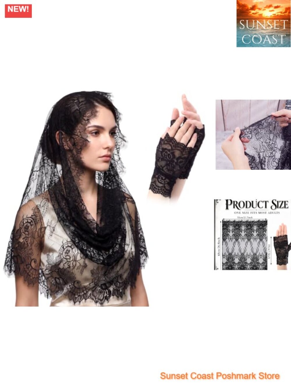 Black Lace Veil & Fingerless Gloves Set